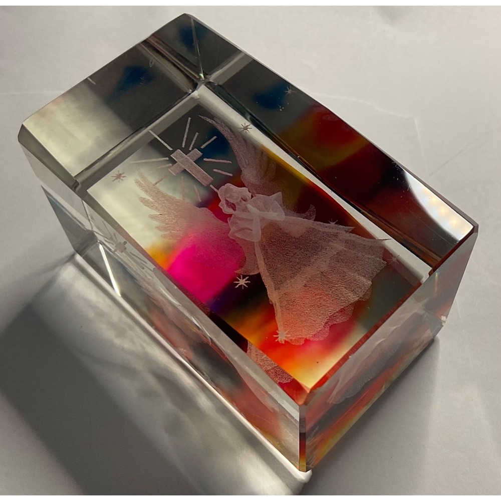 CRYSTAL GLASS ANGEL & CROSS SQUARE PAPERWEIGHT 3D LASER ETCHED RAINBOW COLORS